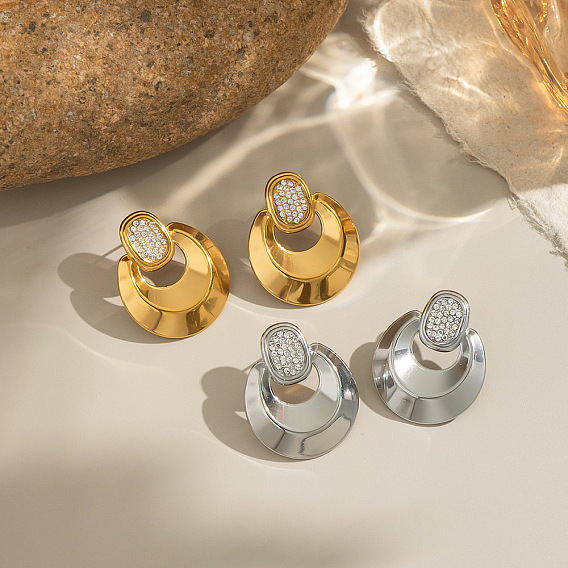 Плоские круглые серьги-гвоздики из нержавеющей стали, со стразами