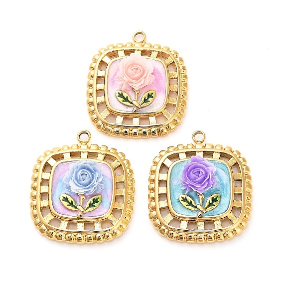 304 нержавеющей стальной эмали подвески, cmолой, квадрат с цветочным шармом, ионное покрытие (ip), реальный 18 k позолоченный
