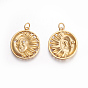 Brass Micro Pave Cubic Zirconia Pendants, Lead Free & Cadmium Free, Flat Round with Sun and Moon