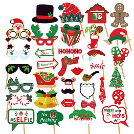 Christmas Theme Paper Photo Booth Props Kit, Eyeglasses & Christmas Tree & Hat & Santa Claus Photo Props for Party Photography Decoration