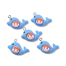 Opaque Resin Pendants, with Platinum Tone Iron Loops, Dolphin with Smiling Face