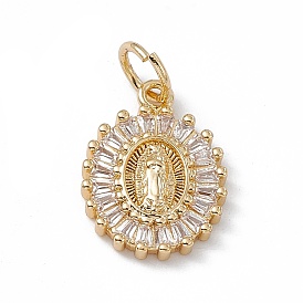 Rack Plating Brass Micro Pave Cubic Zirconia Pendants, Cadmium Free & Lead Free, Long-Lasting Plated, with Jump Ring, Oval with Religion Virgin Mary Charm