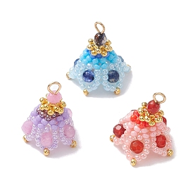 3Pcs 3 Style Natural Mixed Gemstone & Glass Seed Pendants, Flower Charms