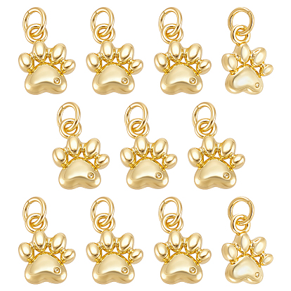 10Pcs Brass Pendants, Paw Print Charms, Long-Lasting Plated, Lead Free & Cadmium Free, Rack Plating, with Jump Ring