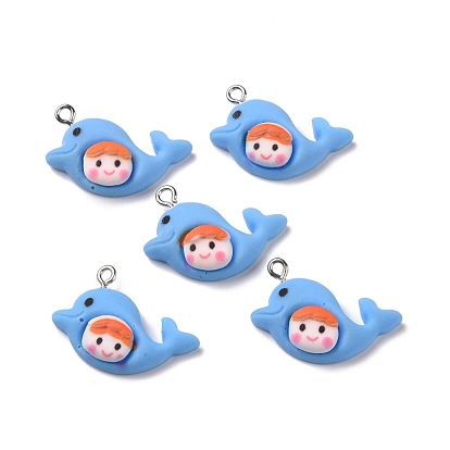 Opaque Resin Pendants, with Platinum Tone Iron Loops, Dolphin with Smiling Face