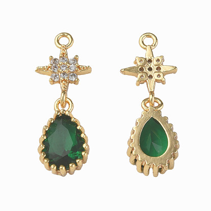 Brass Micro Pave Cubic Zirconia Pendants, Nickel Free, Real 18K Gold Plated, Teardrop with Star