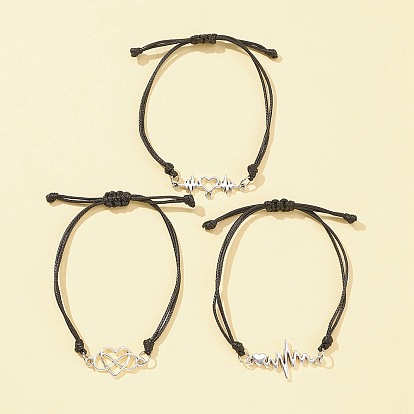 3шт. 3 набор браслетов из сплава со звеньями в виде сердца и бесконечности, регулируемые штабелируемые браслеты из вощеного полиэстера на День святого Валентина