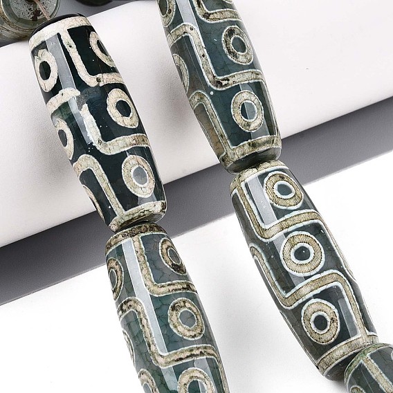 Нити бусин дзи агат в тибетском стиле, природных бисера агат, окрашенная и подогревом, баррель, темно-зеленый