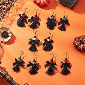 Серьги-подвески с кисточками и бантом из акрила и синтетической бирюзы, поликоттона и полиэстера, с  латунными крючками для серег, металлический черный , череп