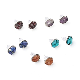 Flat Round with Mixed Gemstone Chip Beads Stud Earrings for Girl Women, 304 Stainless Steel Earrings, Stainless Steel Color