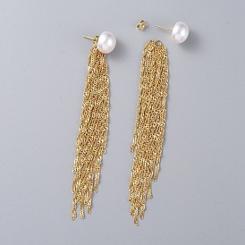 Tassel Earrings, with ABS Plastic Imitation Pearl Beads, Brass Ear Nuts, 304 Stainless Steel Singapore Chains and Stud Earring Findings