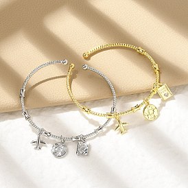 Браслеты с подвесками из латуни с микропаве из прозрачных кубических цирконий для женщин, самолет и возможность и карта, без свинца и без кадмия, долговечный