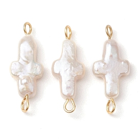 Natural Keshi Pearl Cross Links Connector Charms, with 304 Stainless Steel Double Loops