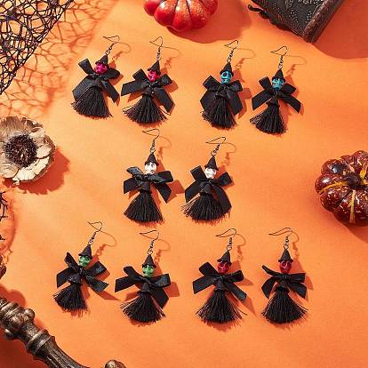 Серьги-подвески с кисточками и бантом из акрила и синтетической бирюзы, поликоттона и полиэстера, с  латунными крючками для серег, металлический черный , череп