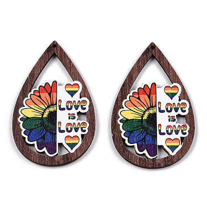 Single Face Printed Basswood Big Pendants, Undyed, Teardrop Charms with Rainbow Color Flower and Word Love