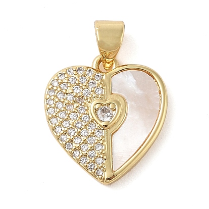 Brass & Shell & Clear Cubic Zirconia Pendants, Cadmium Free & Lead Free, Heart