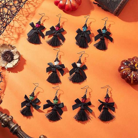 Серьги-подвески с кисточками и бантом из акрила и синтетической бирюзы, поликоттона и полиэстера, с  латунными крючками для серег, металлический черный , череп