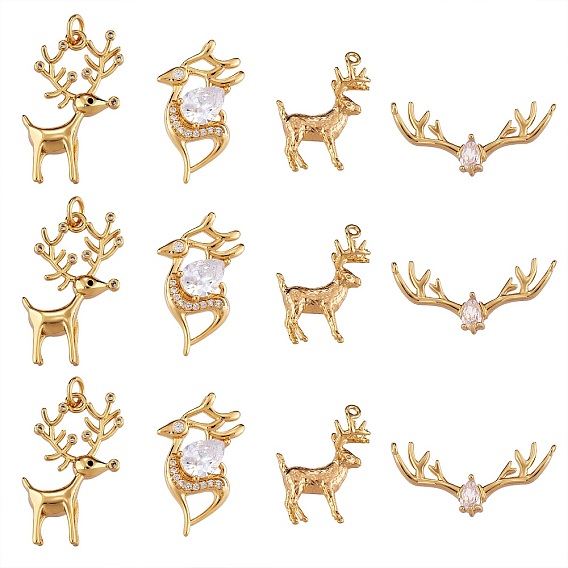 12Pcs 4 Style Brass Micro Pave Clear Cubic Zirconia Pendants