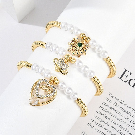 Браслеты с подвесками из латуни с микропаве из кубического циркония для женщин, с пластиковой жемчужины, сердце