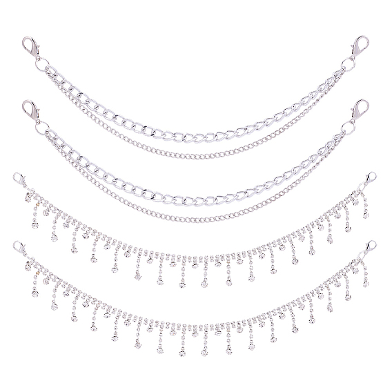 2Pcs Aluminium Alloy Boot Strap Chains, with 2Pcs Alloy Crytstal Rhinestone Tassel Bag Decorative Chains