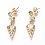 Brass Micro Pave Clear Cubic Zirconia Dangle Stud Earrings, with Natural Shell and Ear Nuts, Rhombus
