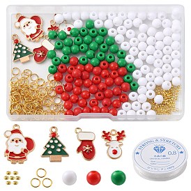 Kit para hacer pulseras diy con tema navideño, incluyendo cuentas redondas acrílicas, colgantes de esmalte de aleación de santa claus, renos y árboles