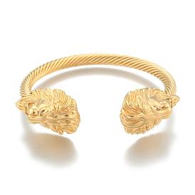 316 Surgical Stainless Steel Cuff Bangles, Lion Head, with Rhinestone, 54mm