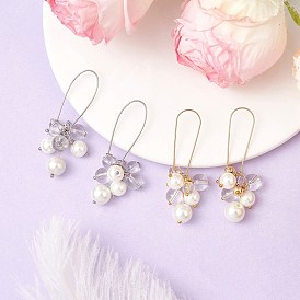 2 Pairs Brass Imitation Pearl Hoop Earrings, Flower, with Glass