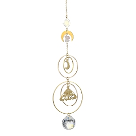 Natural Rose Quartz & Glass Pendant Decorations, with Brass & Stainless Steel Findings