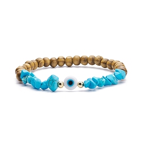 Natural Wood & Synthetic Howlite Chips Stretch Bracelet with Lampwork Evil Eye, Gemstone Yoga Jewelry for Women