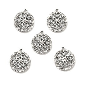 Alloy Rhinestone Pendants, Platinum Tone Hollow Out Flat Round with Flower Charms