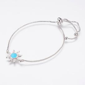 Long-Lasting Plated Adjustable Brass Cubic Zirconia Slider Bracelets, Bolo Bracelets, with Synthetic Opal, Sun