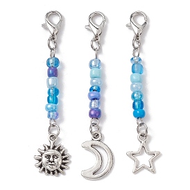 Alloy Pendant Decorations, with Glass Seed Beads and Alloy Swivel Lobster Claw Clasps, Sun/Star/Moon