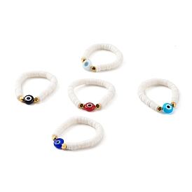 Polymer Clay Heishi Beaded Stretch Rings, with Non-magnetic Synthetic Hematite Beads and Evil Eye Lampwork Beads, Golden