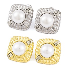 Ion Plating(IP) 304 Stainless Steel Rhinestone Stud Earrings, Square Imitation Pearl Jewelry for Women