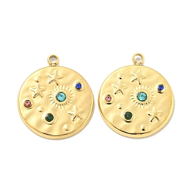 Vacuum Plating 304 Stainless Steel Pendants, with Colorful Rhinestone, Flat Round with Star Charms
