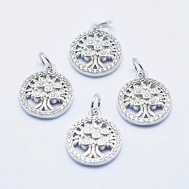 Brass Micro Pave Cubic Zirconia Charms, Long-Lasting Plated, Lead Free & Nickel Free & Cadmium Free, Flat Round with Tree