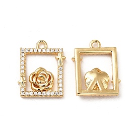 Brass Micro Pave Cubic Zirconia Pendants, Real 18K Gold Plated, Rectangle Frame with Rose Charm
