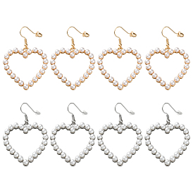 4 пары 2 цвета железные серьги-сердечки, с сплава и имитация жемчуга