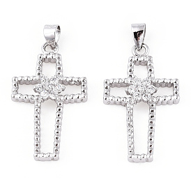 Rhodium Plated 925 Sterling Silver Micro Pave Clear Cubic Zirconia Pendants, Hollow Religion Cross Charms wit 925 Stamp