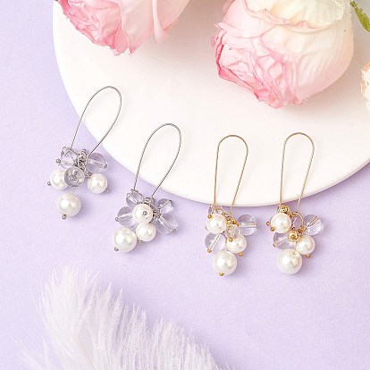 2 Pairs Brass Imitation Pearl Hoop Earrings, Flower, with Glass