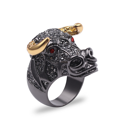 Siam Rhinestone Ox-head Finger Ring, Alloy Chunky Gothic Ring for Men Women