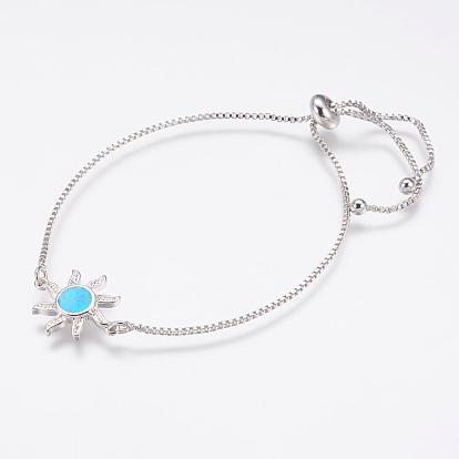 Long-Lasting Plated Adjustable Brass Cubic Zirconia Slider Bracelets, Bolo Bracelets, with Synthetic Opal, Sun