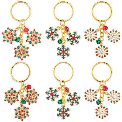 6шт 3 стиль сплава горный хрусталь брелок, снежинка, с железными кольцами