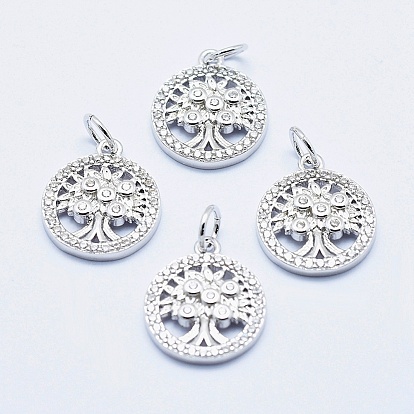 Brass Micro Pave Cubic Zirconia Charms, Long-Lasting Plated, Lead Free & Nickel Free & Cadmium Free, Flat Round with Tree