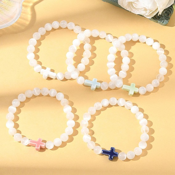 Эластичные браслеты из натурального селенита и фарфоровых бусин для женщин, крест и круглый