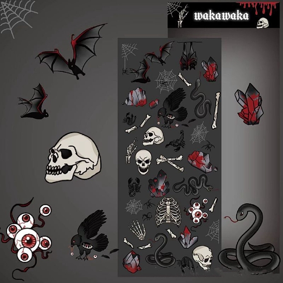PVC Halloween Skull Theme Stickers, Waterproof Dark Style Skull Decals for DIY Scrapbooking, Halloween Party Supplies
