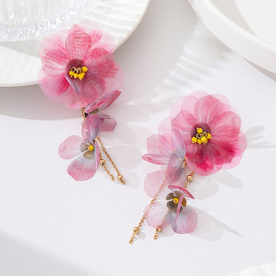 Alloy Glass Stud Earrings, Flower, Cloth Dangle Earrings for Women