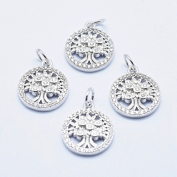 Brass Micro Pave Cubic Zirconia Charms, Long-Lasting Plated, Lead Free & Nickel Free & Cadmium Free, Flat Round with Tree