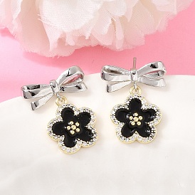 Brass Micro Pave Clear Cubic Zirconia Enamel Stud Dangle Earrings, Flower with Bowknot, Rack Plating, Long-Lasting Plated, Cadmium Free & Lead Free, Golden & Stainless Steel Color